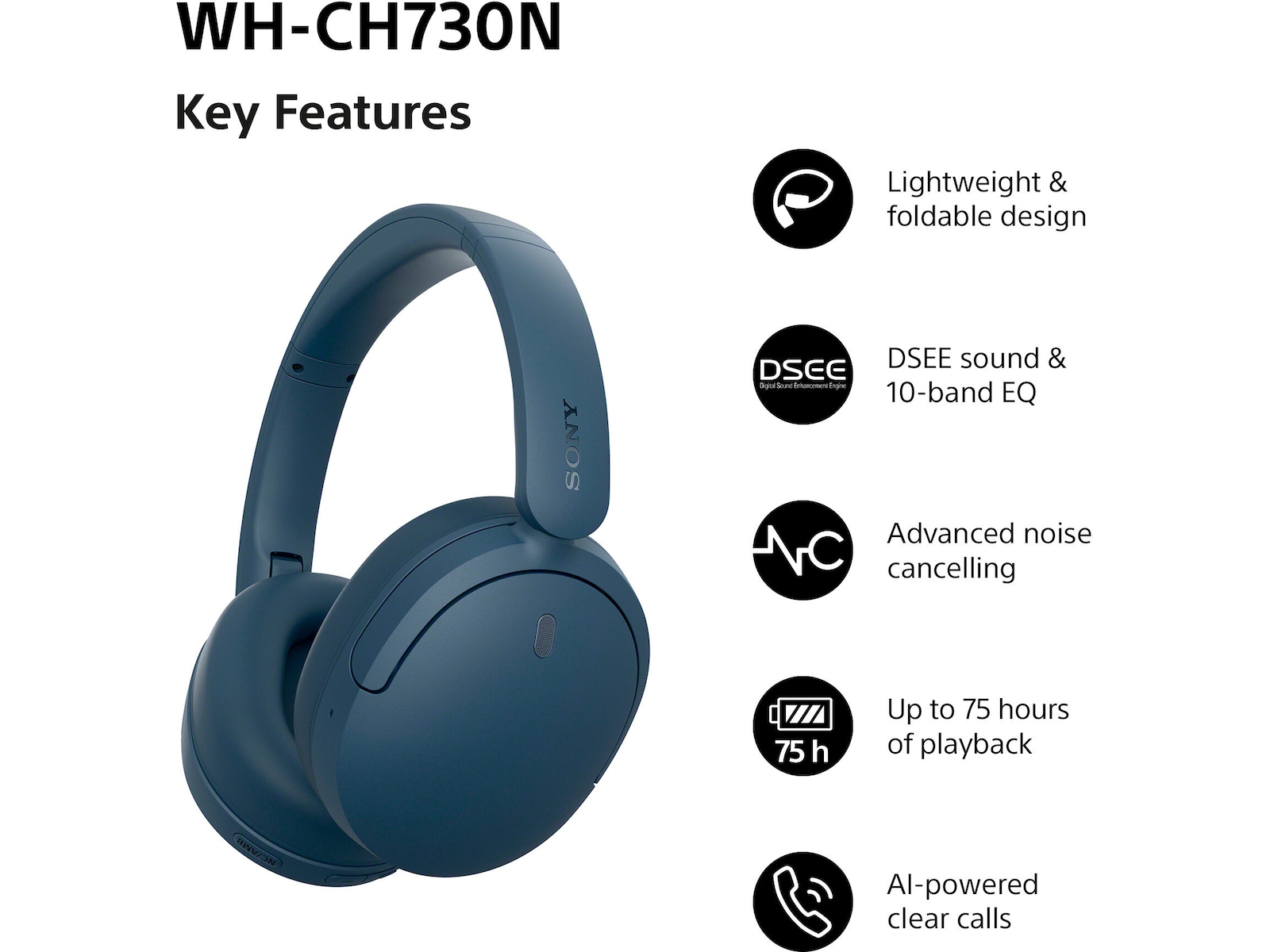 Sony WH-CH730N Trådløse Støjdæmpende Hovedtelefoner (blå) Høretelefoner
