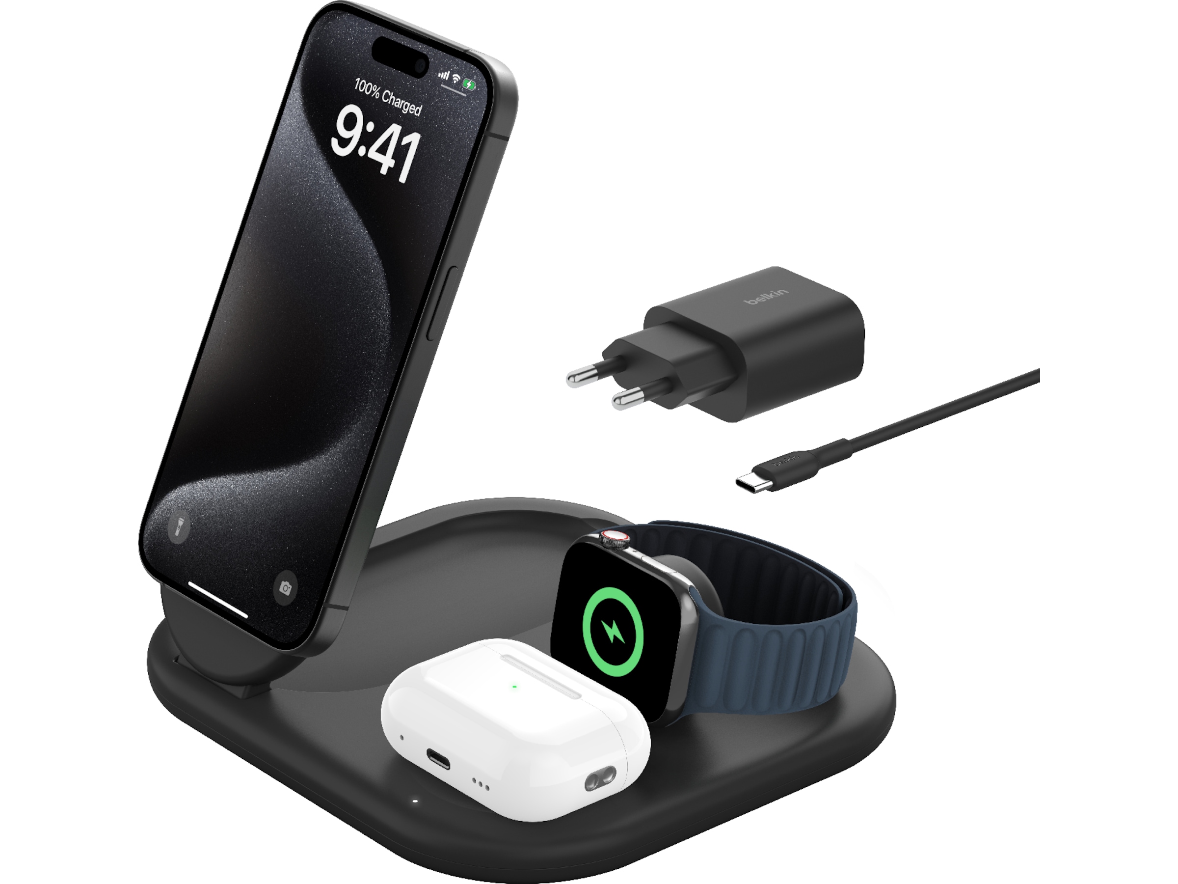 Belkin 3-i-1 Qi2 trådløs oplader (sort) Trådløs oplader