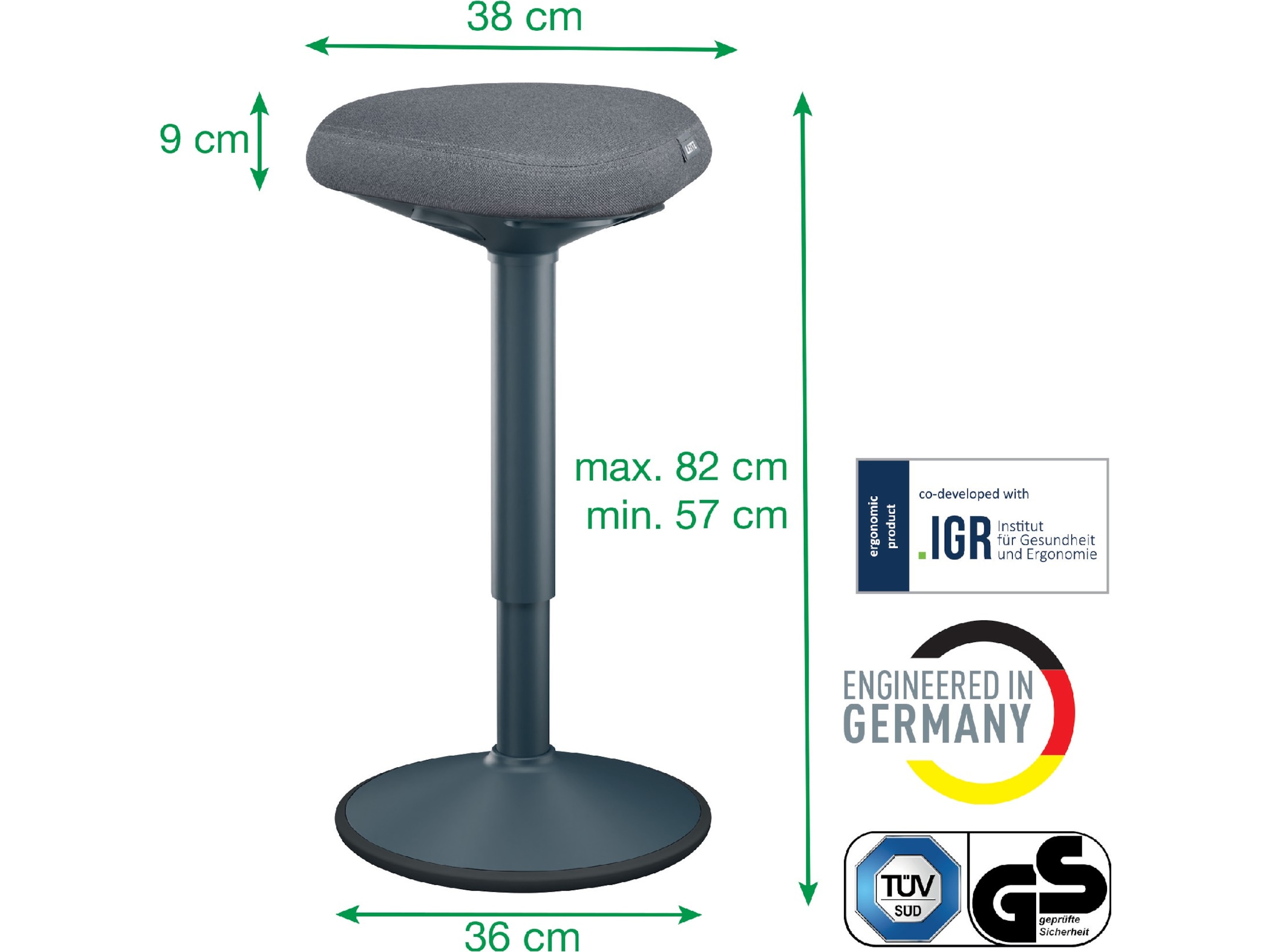 Leitz Ergo Active Balancestol med komfortsæde, justerbar højde 57-82cm Kontorstole