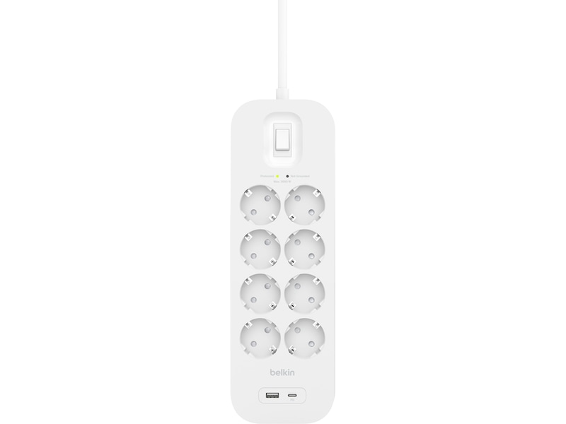 Belkin Strømfordeler 8x stik og 2x USB 2m (hvid) Overspændingsbeskyttelse