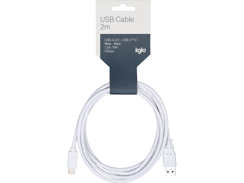 USB-A til USB-C kabel 2m (hvid) USB-kabler
