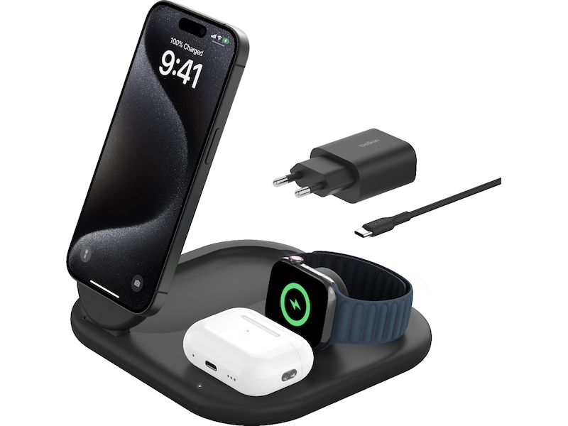 Belkin 3-i-1 Qi2 trådløs oplader (sort) Trådløs oplader