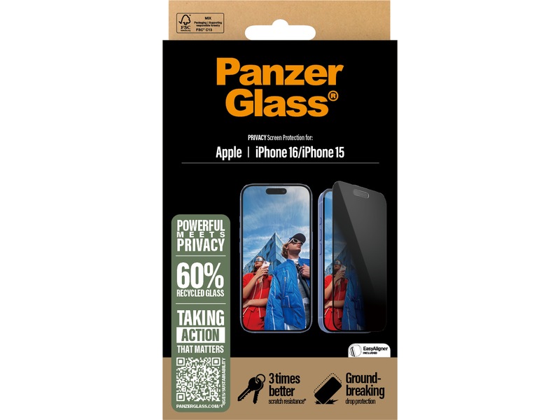 PanzerGlass iPhone 15 / 16 Privacy skærmbeskytter Skærmbeskyttelse mobiltelefon