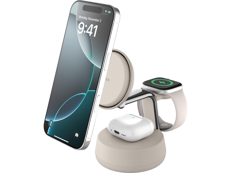 Belkin UltraCharge Pro 3-i-1 Qi2 Ladestation (sand) Trådløs oplader