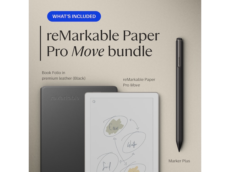 reMarkable Paper Pro Move 7.3" inkl. Marker Plus & Book Folio (sort skinn) Digitale paper & tilbehør