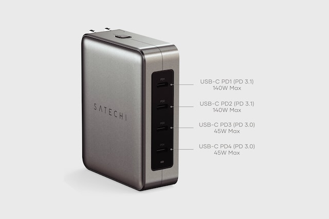 Fire USB-C PD-porte med en samlet effekt på 145W